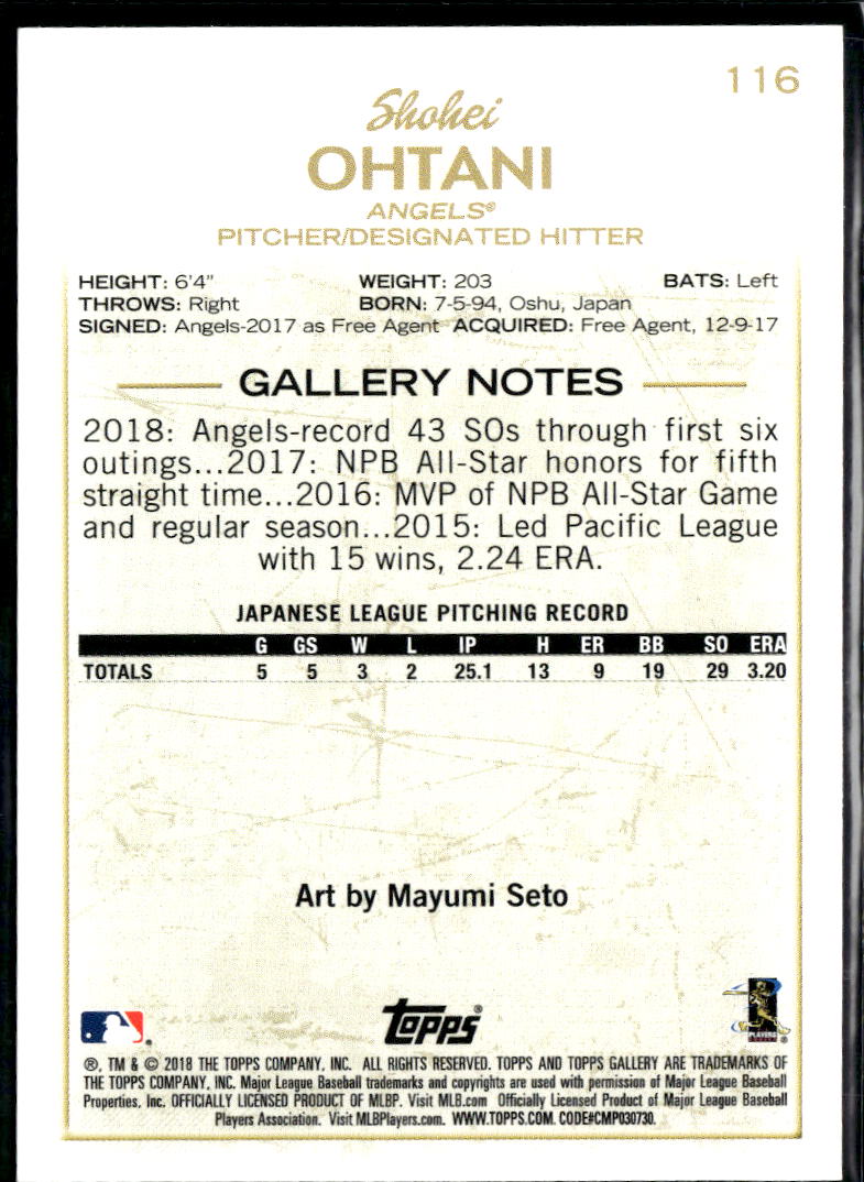 Shohei Ohtani 2018 Topps Gallery Rookie Card RC #116 Los Angeles Angels