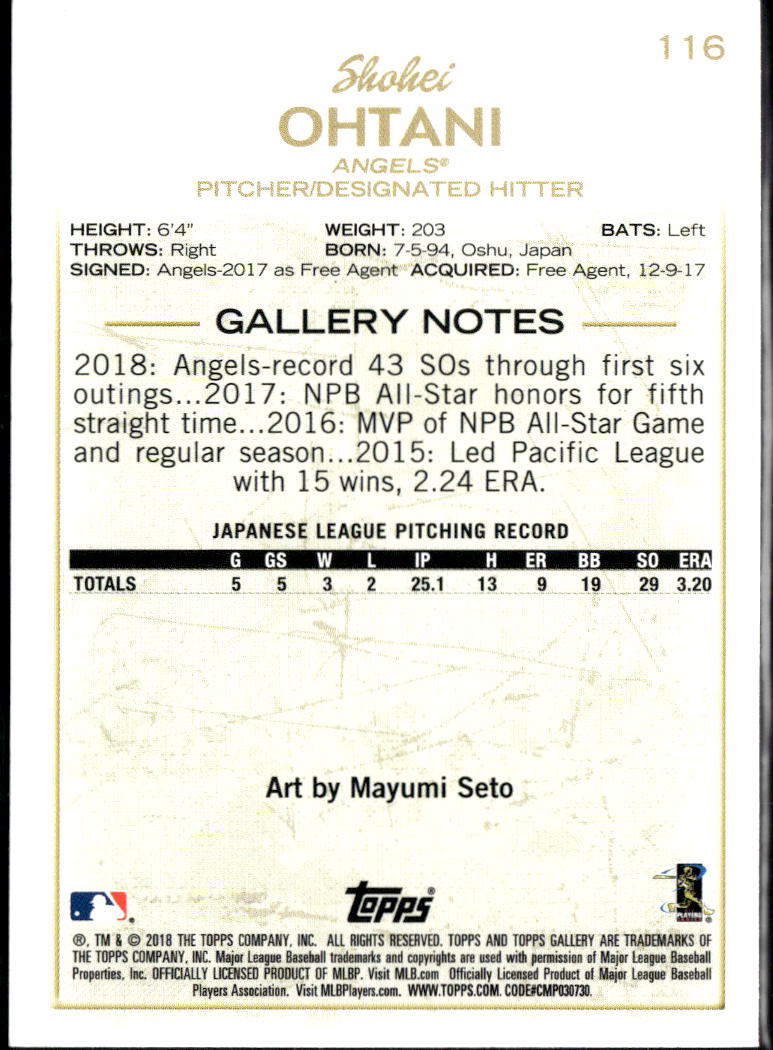 Shohei Ohtani 2018 Topps Gallery Rookie Card RC #116 Los Angeles Angels