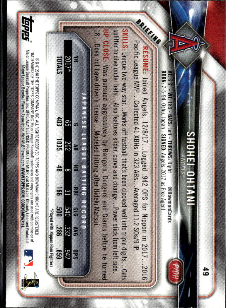 Shohei Ohtani 2018 Bowman Rookie Card RC #49 Los Angeles Angels
