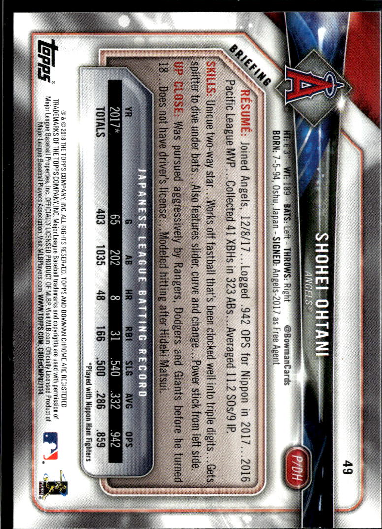 Shohei Ohtani 2018 Bowman Rookie Card RC #49 Los Angeles Angels