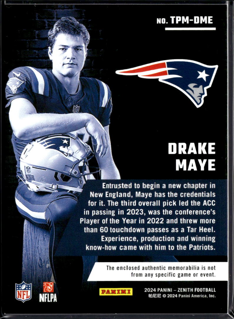 Drake Maye 2024 Zenith Turning Pro Jersey Patch Rookie RC New England Patriots
