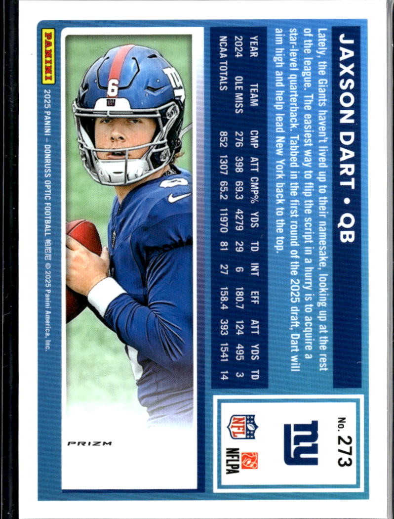 Jaxson Dart 2025 Optic Rated Rookie Blue Hyper Prizm RC #273 New York Giants