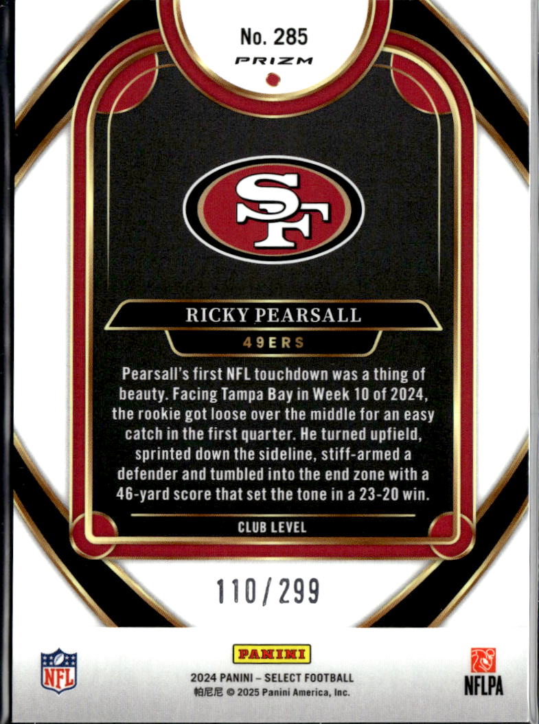 Ricky Pearsall 2025 Panini Select Prizm RC /299 San Francisco 49ers