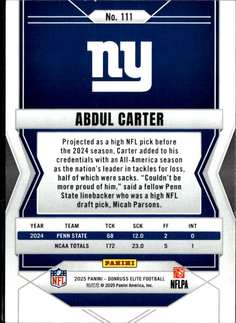 Abdul Carter 2025 Elite Red Aspirations RC Rookie 33/49 New York Giants