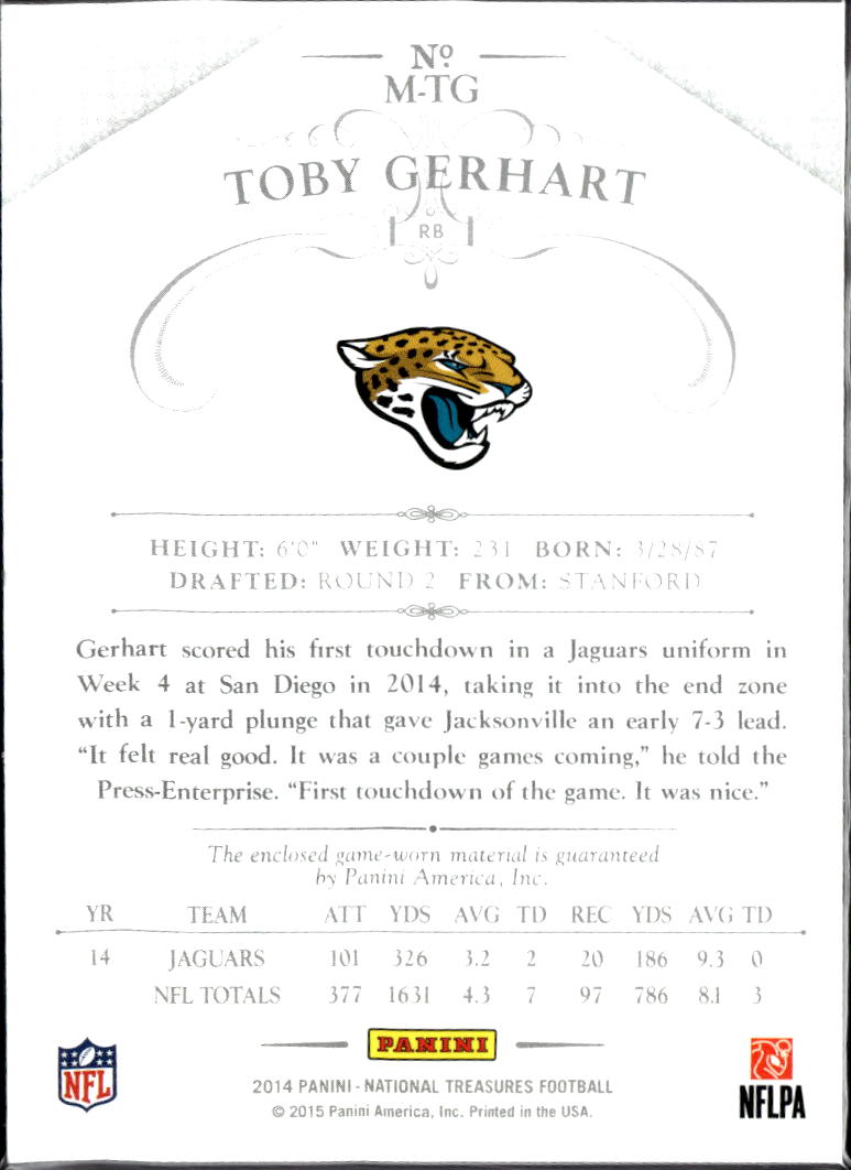 Toby Gerhart 2014 National Treasures Game Worn LOGO Patch 6/10 Jaguars
