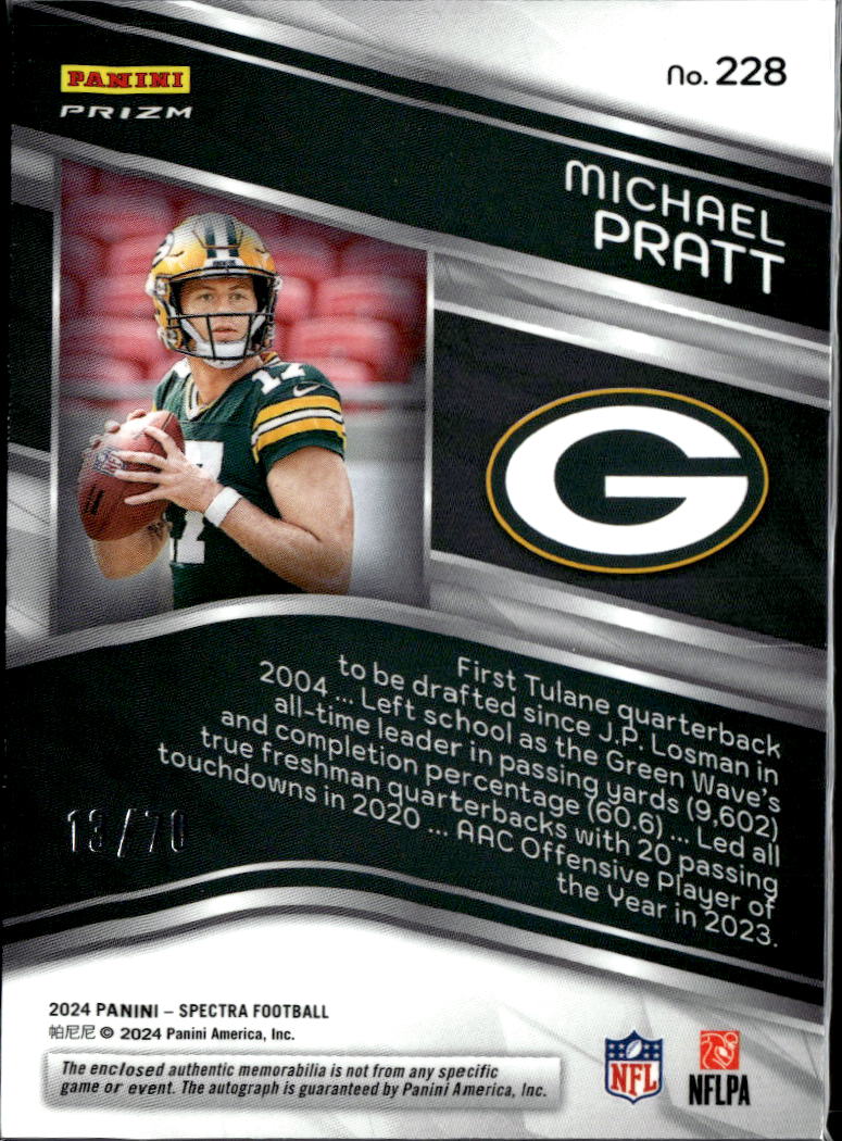 Michael Pratt 2024 Spectra Auto Autograph Patch RC 13/70 Green Bay Packers