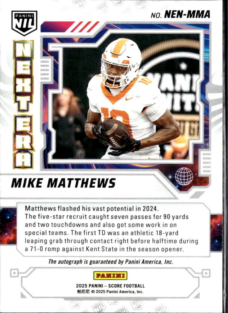 Mike Matthews 2025 Score NIL Next Era Auto Autograph RC Tennessee Volunteers