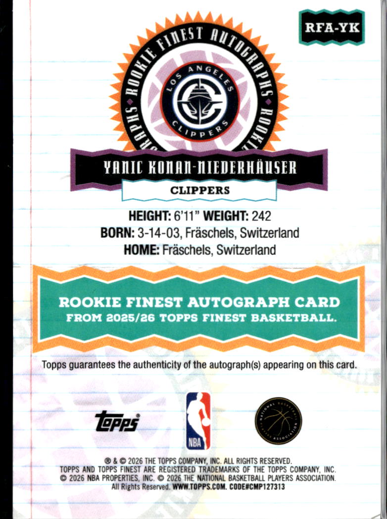 Yanic Konan-Niederhauser 2026 Topps Finest Auto Autograph RC 13/25 Clippers