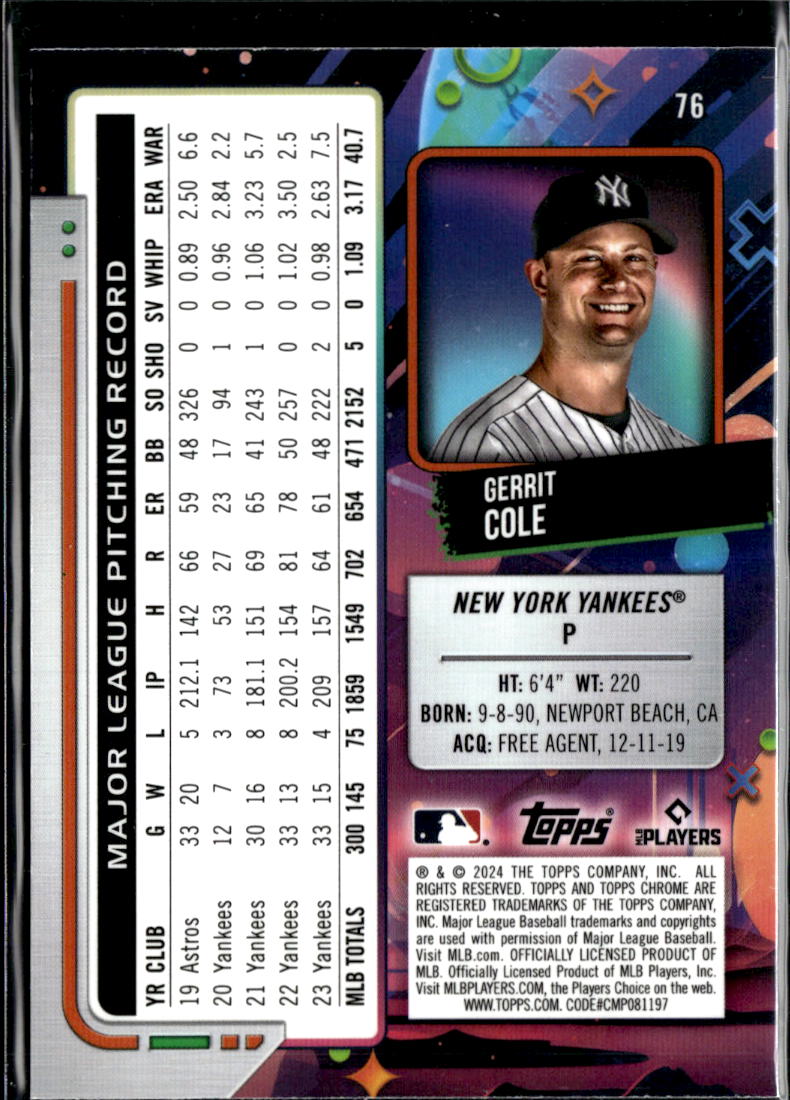 Gerrit Cole 2024 Topps Chrome Cosmic Blue Moon 52/99 New York Yankees