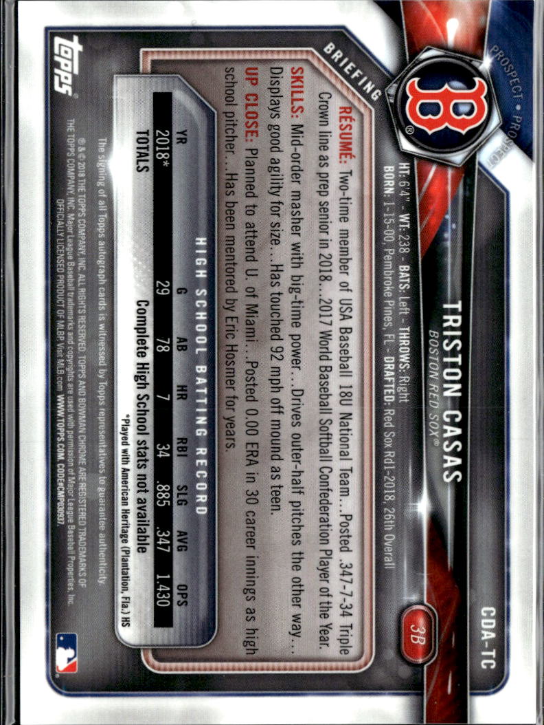 Triston Casas 2018 Bowman Chrome Auto Refractor Boston Red Sox