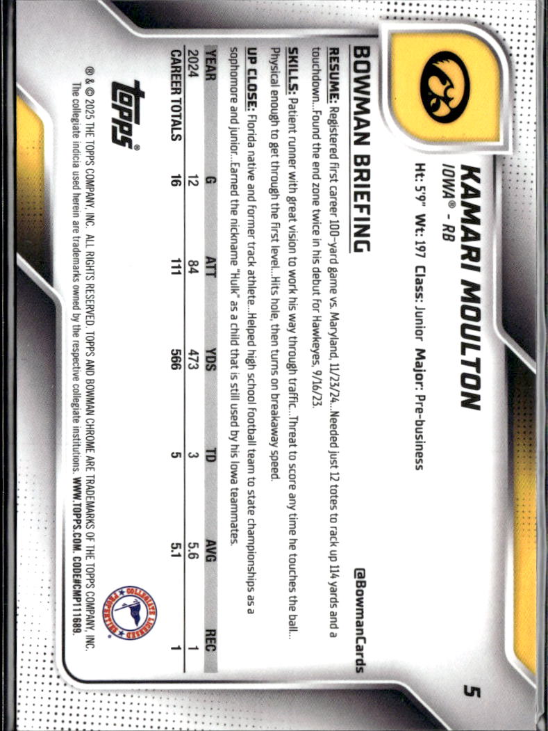 Kamari Moulton 2024 Bowman Chrome 1st Orange Refractor RC 24/25 Iowa Hawkeyes