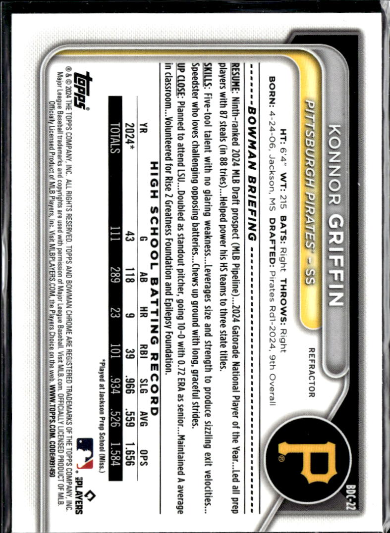 Konnor Griffin 2024 Bowman Chrome 1st Refractor Rookie RC Pittsburgh Pirates