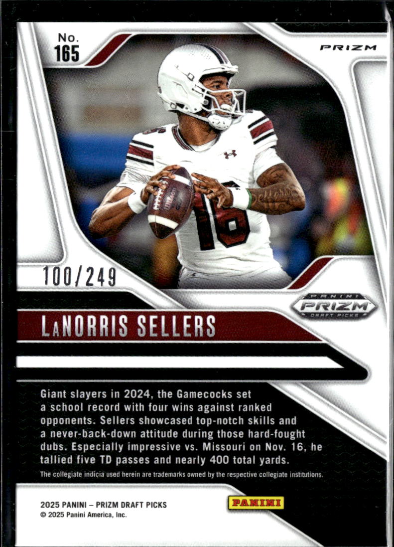 LaNorris Sellers 2025 Prizm Draft Picks Blue Prizm Rookie RC /249 South Carolina