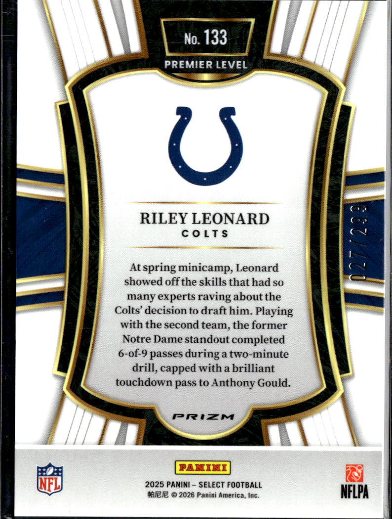 Riley Leonard 2025 Select Tricolor Prizm Rookie RC 27/299 Indianapolis Colts
