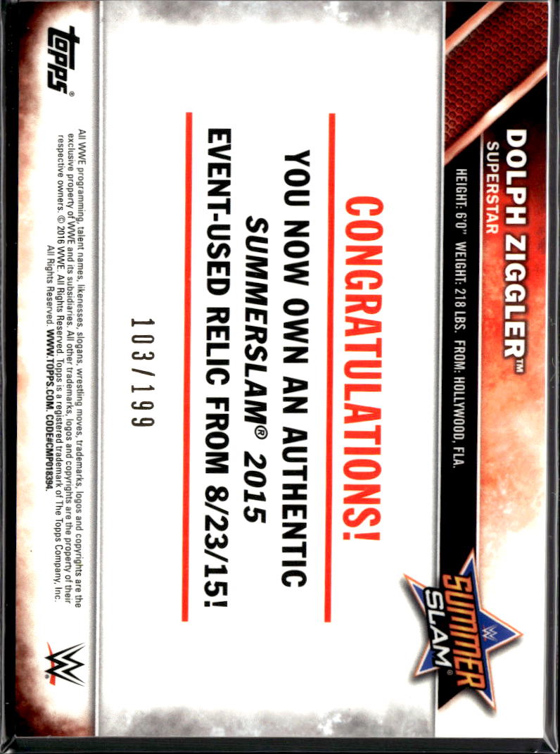 Dolph Ziggler 2016 Topps WWE SummerSlam Event-Used Relic Authentic Mat /199