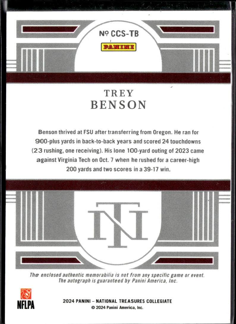 Trey Benson 2024 National Treasures Auto Autograph Patch RC 48/49 Florida State