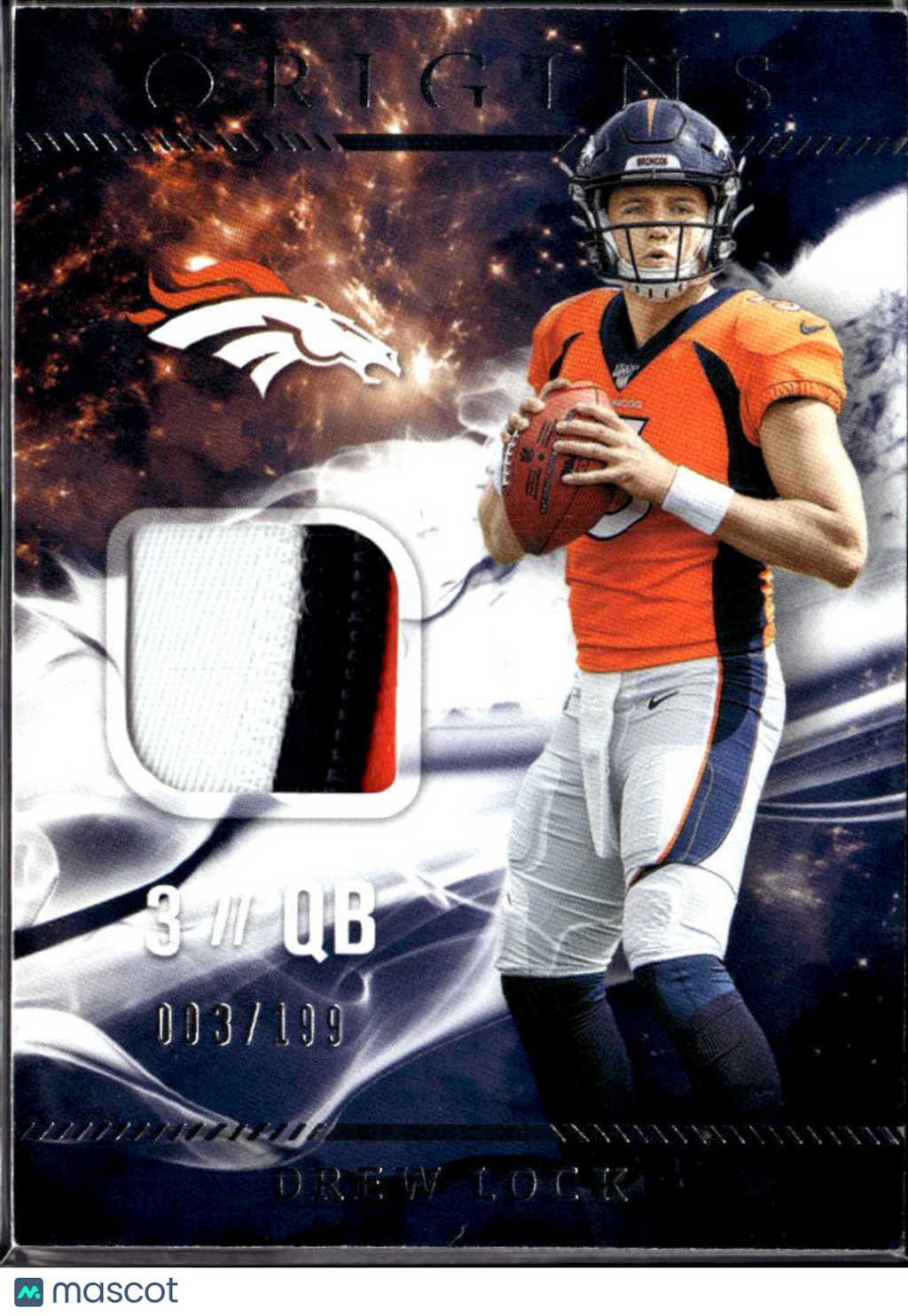 Drew Lock 2019 Origins Jersey Patch JERSEY NUMBER RC 3/199 Denver Broncos