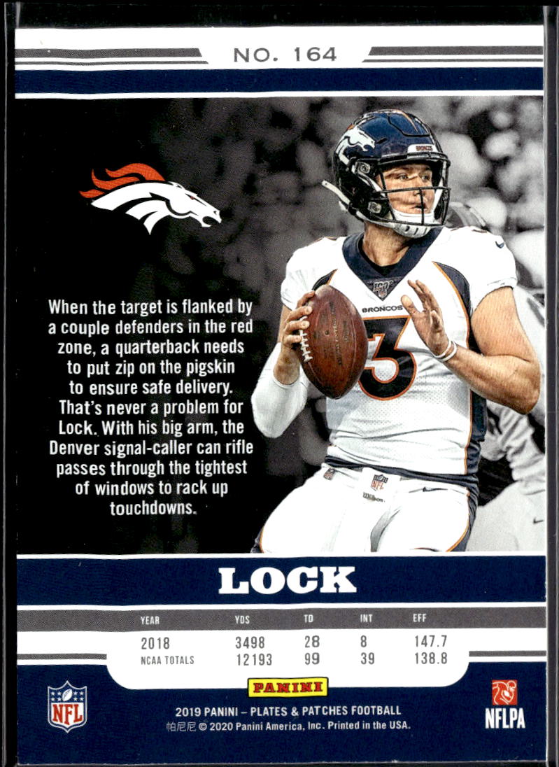 Drew Lock 2019 Panini Plates & Patches Rookie RC 9/99 Denver Broncos