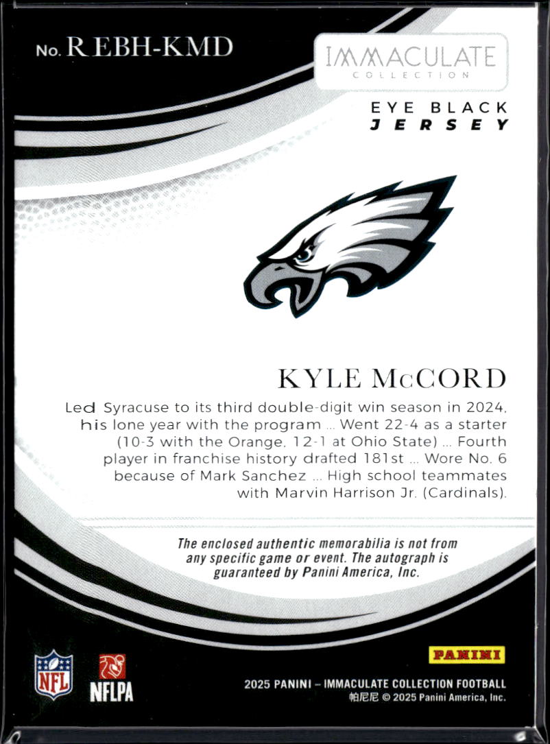 Kyle McCord 2025 Immaculate Eye Black Auto Autograph Patch 26/99 Eagles