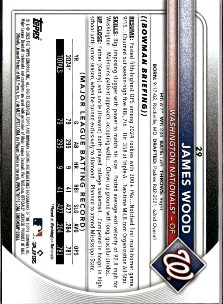 James Wood 2025 Bowman Chrome Orange Refractor Rookie 2/25 Washington Nationals