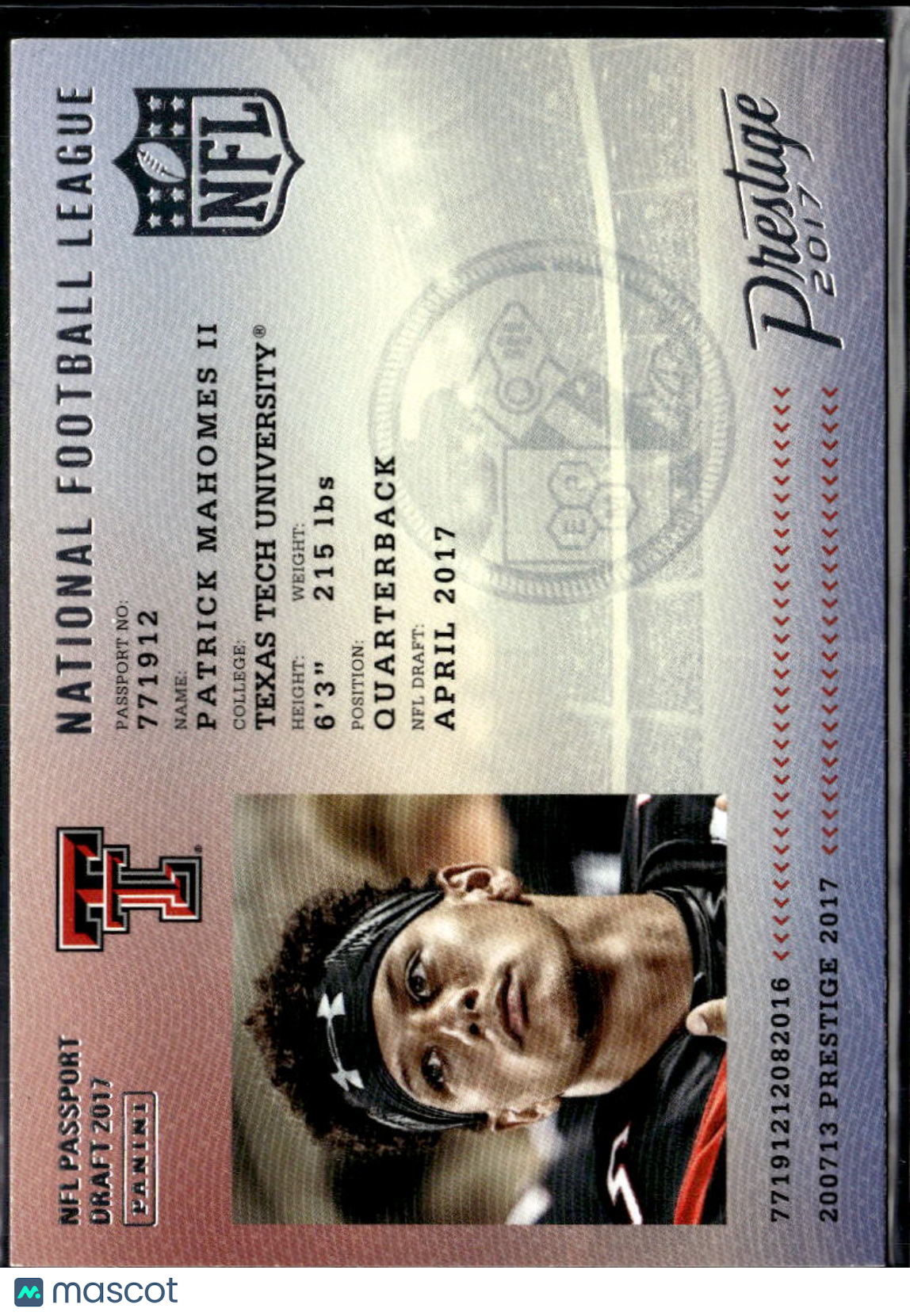 Patrick Mahomes II 2017 Prestige NFL Passport Rookie RC Texas Tech KC Chiefs