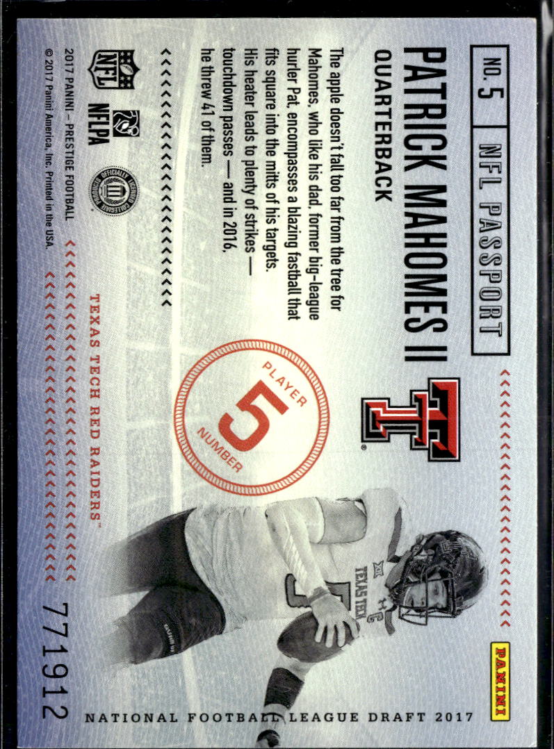 Patrick Mahomes II 2017 Prestige NFL Passport Rookie RC Texas Tech KC Chiefs