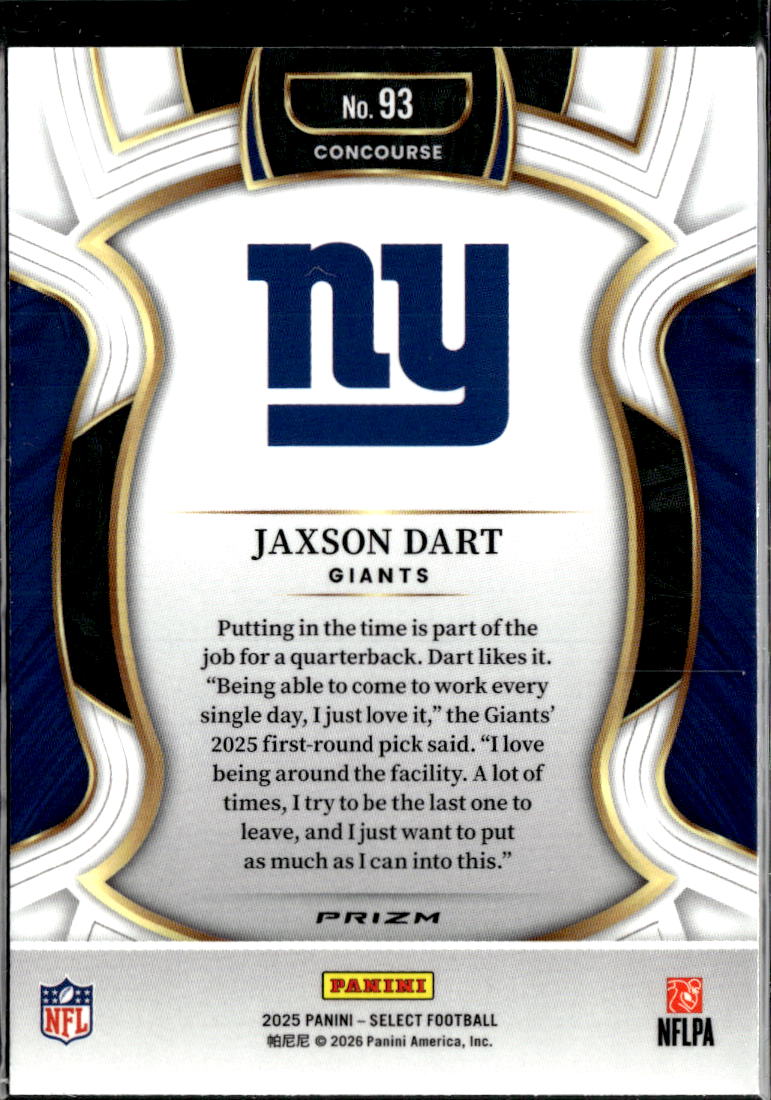 Jaxson Dart 2025 Select Red White Blue Prizm Rookie RC #93 New York Giants