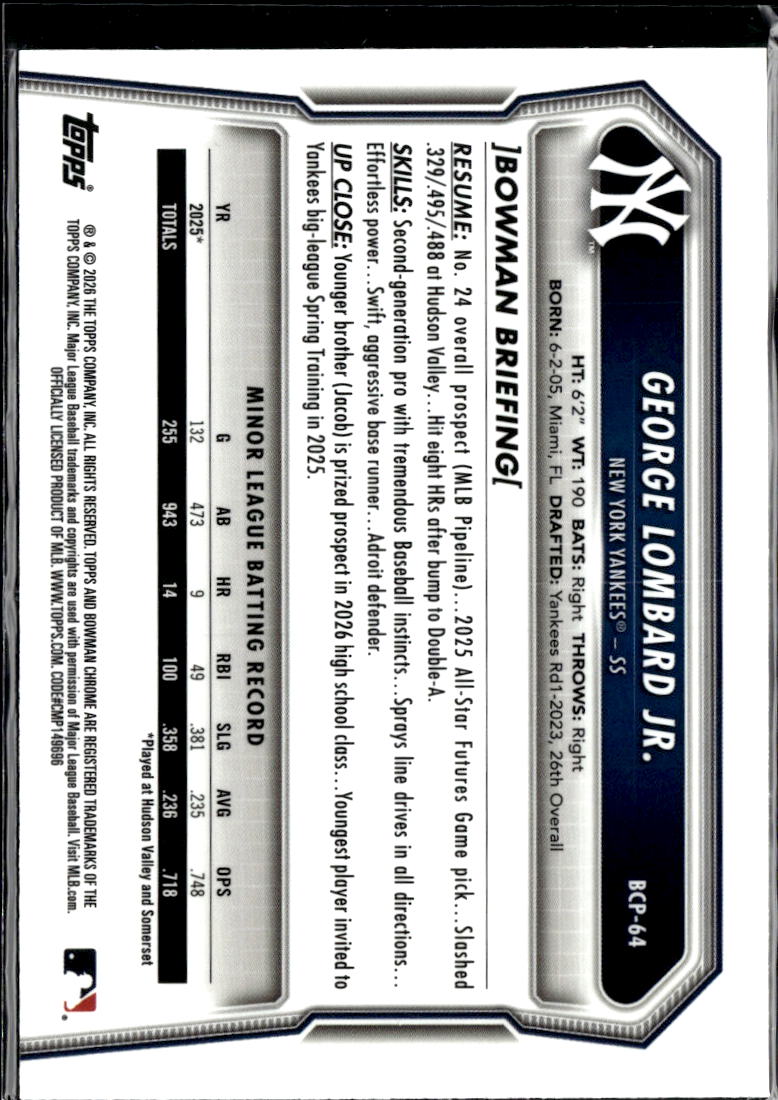 George Lombard Jr. 2026 Bowman Chrome Blue Mega Box Refractor 114/150 Yankees