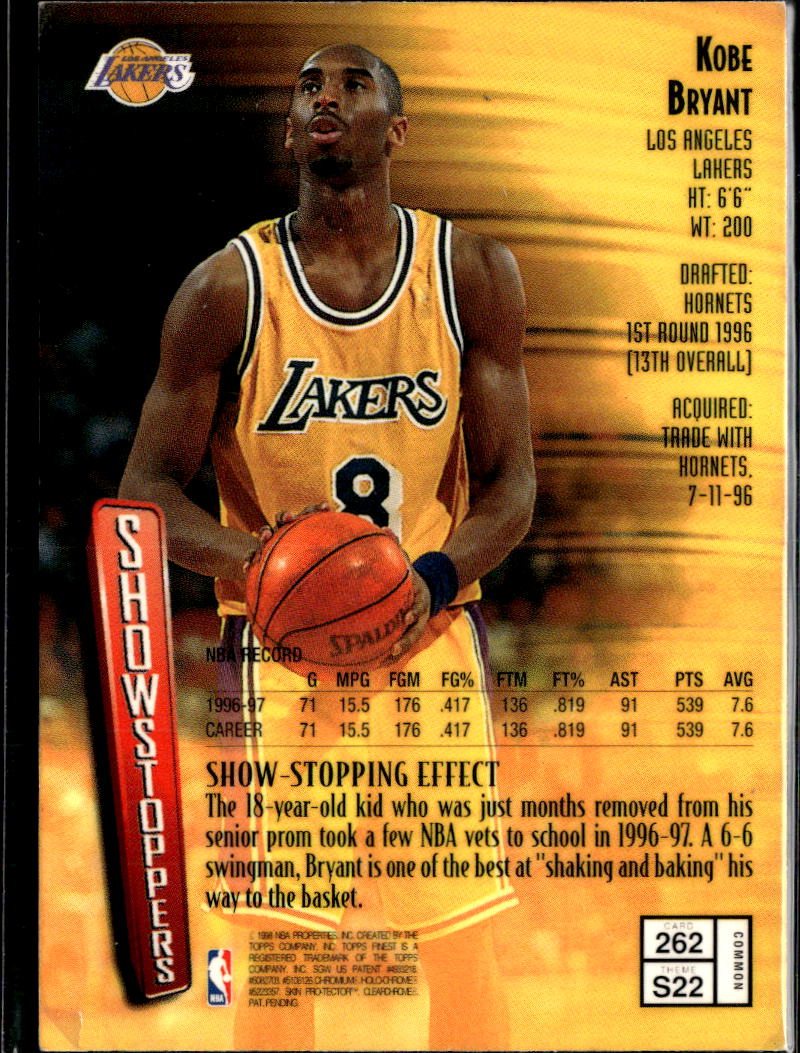 Kobe Bryant 1996 Topps Finest Showstoppers #262 Los Angeles Lakers