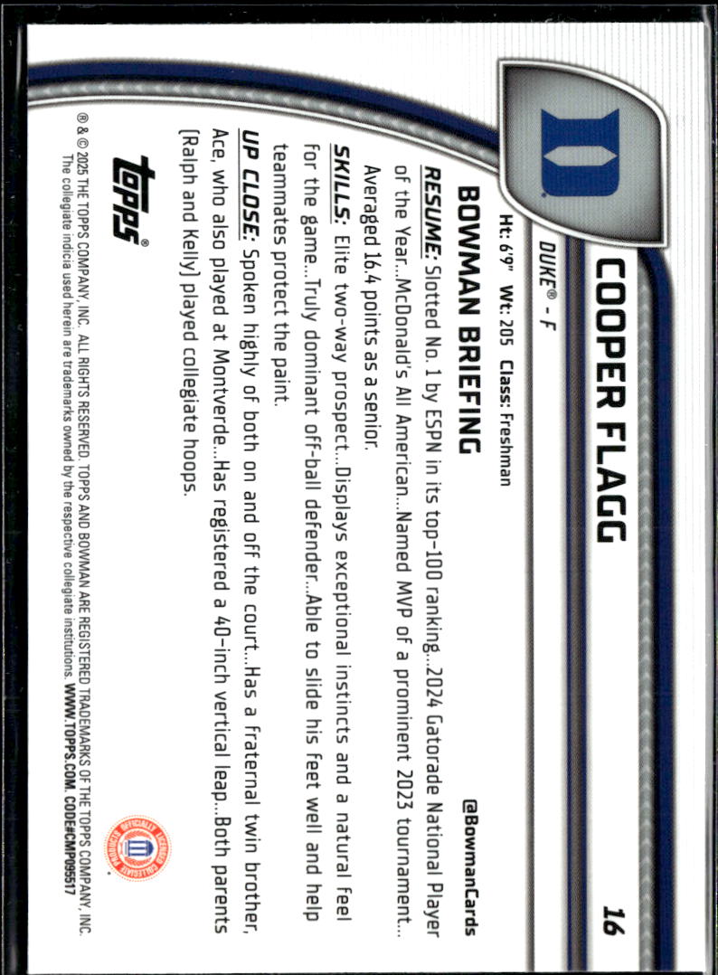 Cooper Flagg 2024 Bowman Chrome 1st Black Wave Refractor Rookie RC Duke #16