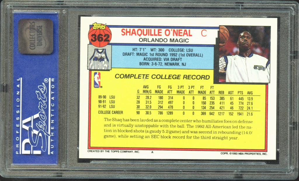 Shaquille O'Neal 1992-93 Topps Rookie Card RC Orlando Magic #362 PSA 10