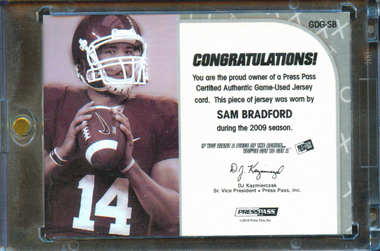 Sam Bradford 2010 Press Pass Game Day Game Worn Patch 24/25 Oklahoma Sooners