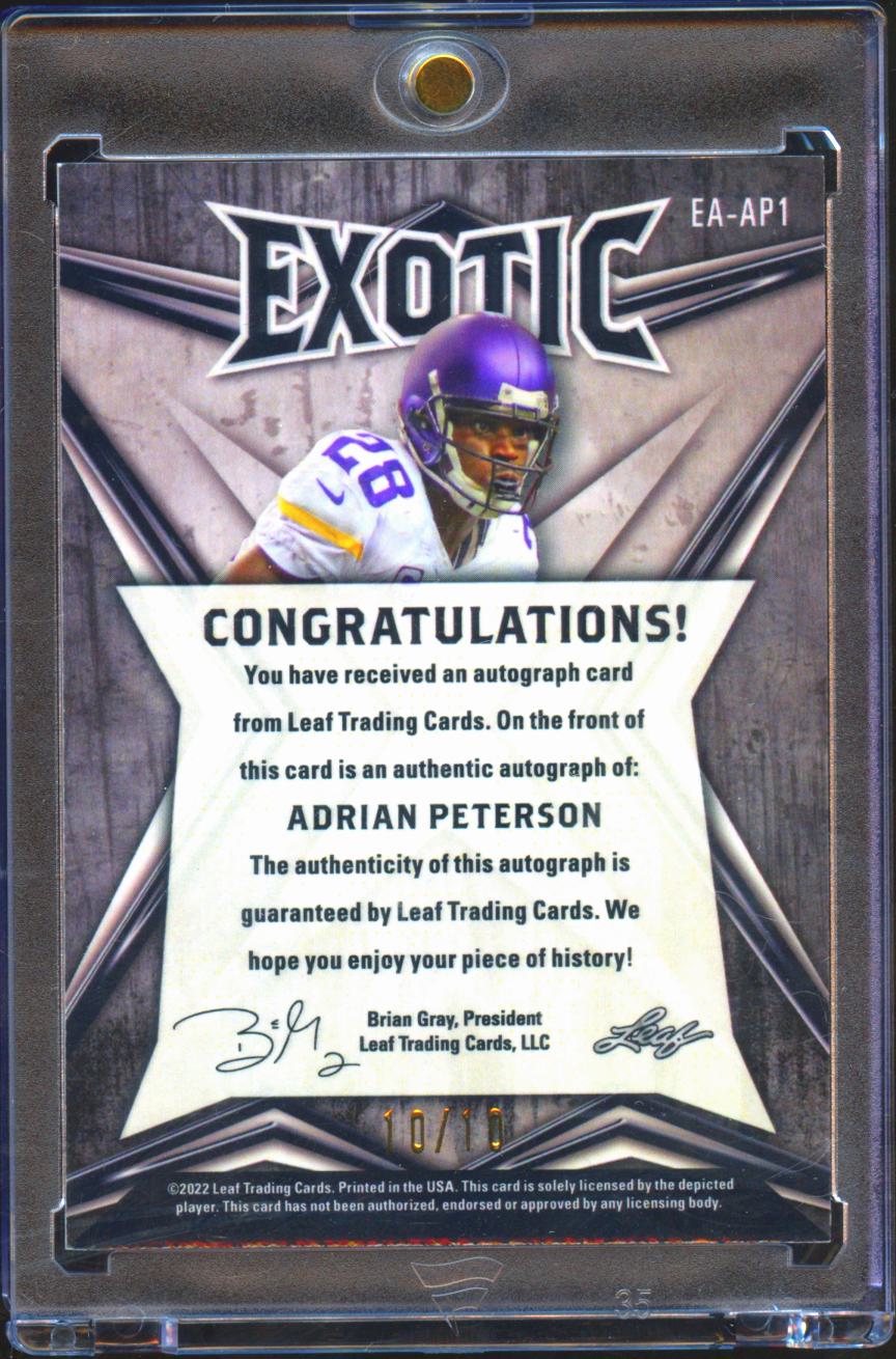 Adrian Peterson 2022 Leaf Exotic Auto Autograph Tiger 10/10 Minnesota Vikings