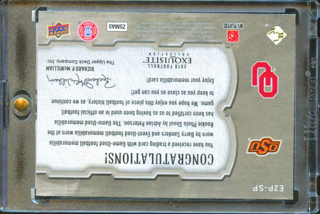 Adrian Peterson / Barry Sanders 2010 UD Exquisite Dual Game Worn Patch 44/50