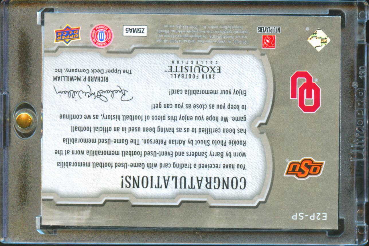 Adrian Peterson / Barry Sanders 2010 UD Exquisite Dual Game Worn Patch 44/50