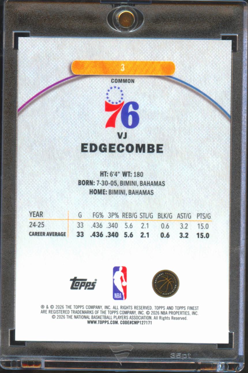 VJ Edgecombe 2025-26 Topps Finest Blue Checkerboard RC 15/99 Philadelphia 76ers