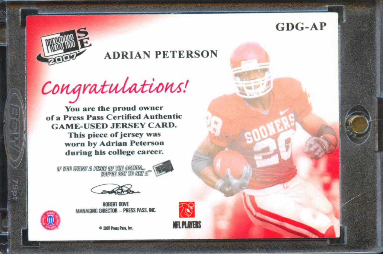 Adrian Peterson 2007 Press Pass SE Game Worn Patch Jersey Oklahoma Sooners