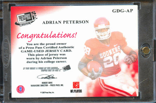 Adrian Peterson 2007 Press Pass SE Game Worn Patch Jersey Oklahoma Sooners
