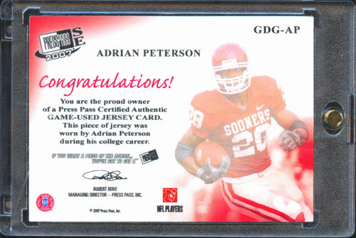 Adrian Peterson 2007 Press Pass SE Game Worn Patch Jersey Oklahoma Sooners