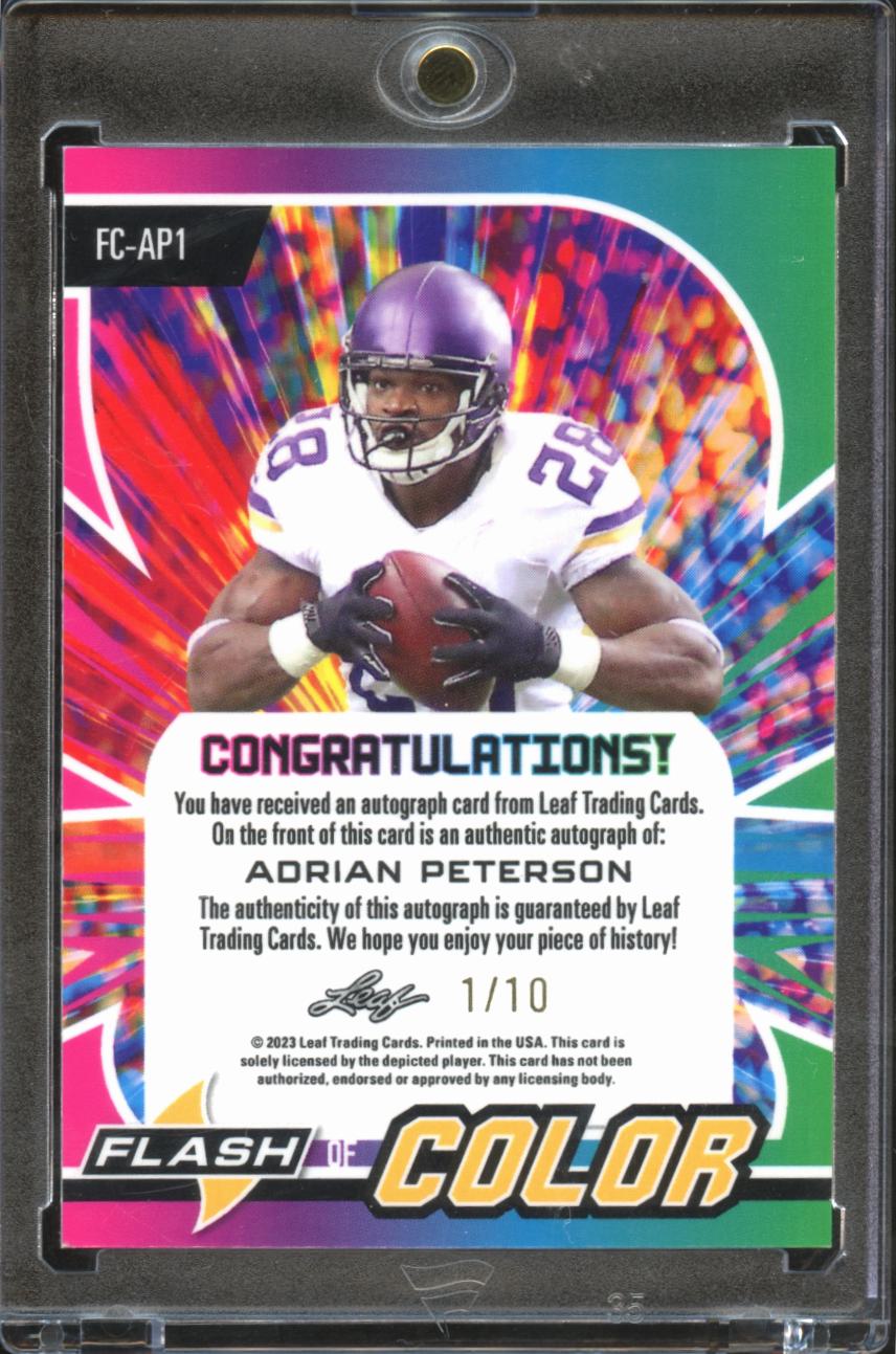 Adrian Peterson 2023 Leaf Flash of Color Auto Autograph 7/10 Minnesota Vikings