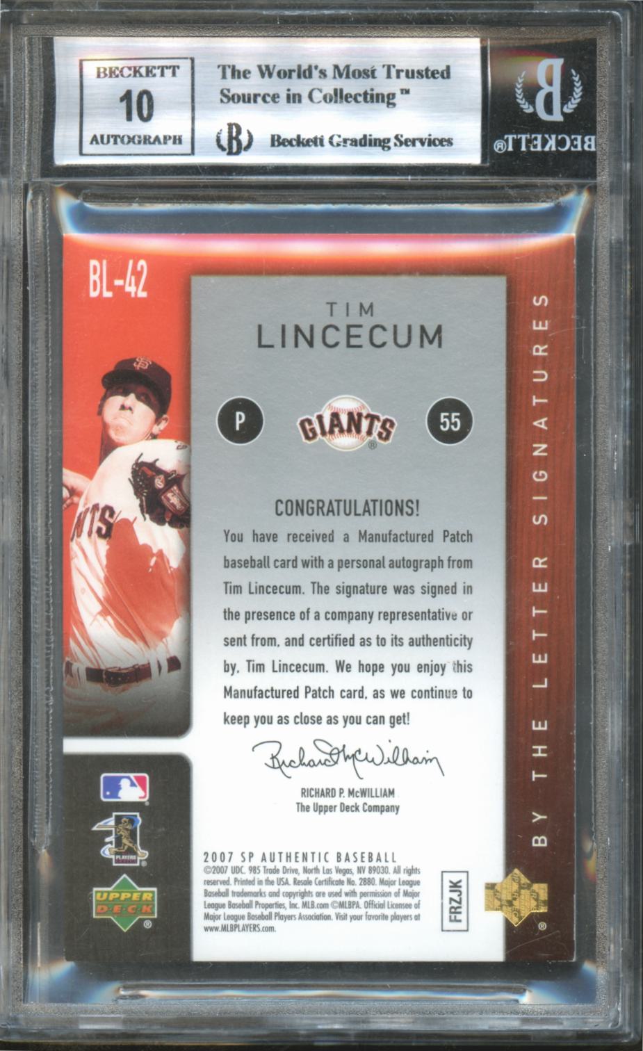 Tim Lincecum 2007 SP Authentic By the Letter Auto Autograph "N" Patch BGS 9