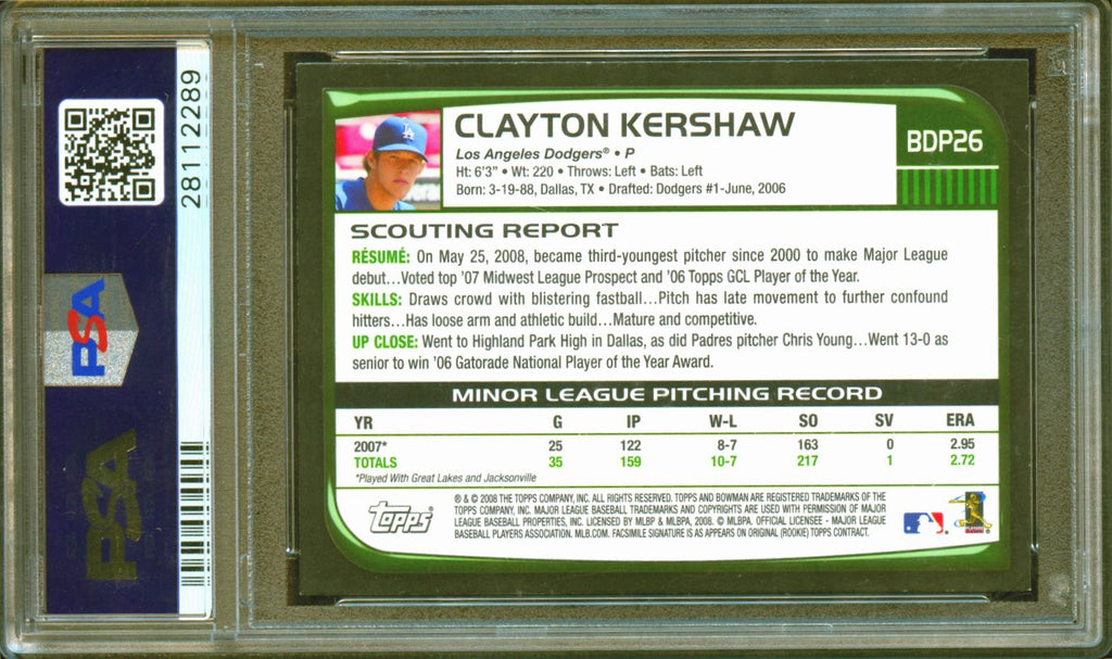 Clayton Kershaw 2008 Bowman Draft Rookie RC Los Angeles Dodgers #BDP26 PSA 9