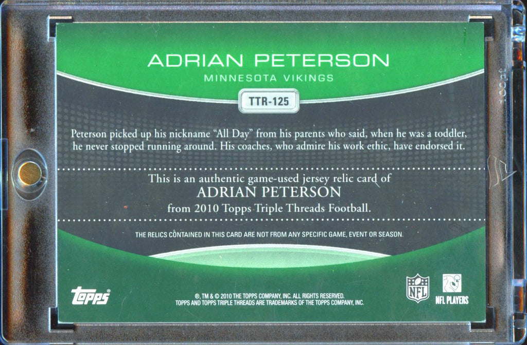 Adrian Peterson 2010 Topps Triple Threads All Day Game Worn Patch 11/18 Vikings