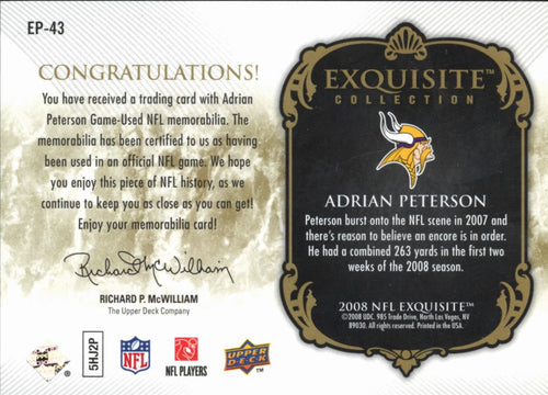 Adrian Peterson 2008 Upper Deck Exquisite Game Worn Patch /50 Minnesota Vikings