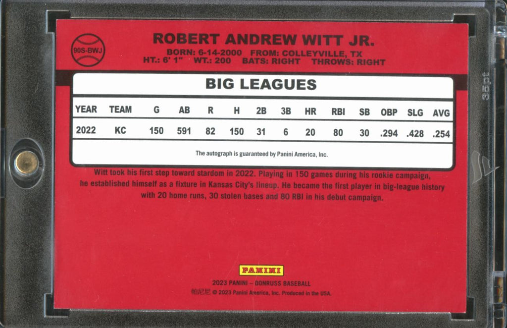 Bobby Witt Jr. 2023 Donruss '90 Auto Autograph Kansas City Royals