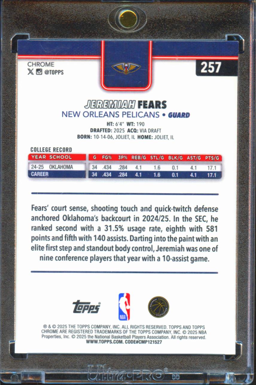 Jeremiah Fears 2025-26 Topps Chrome Yellow Refractor 232/275 Pelicans