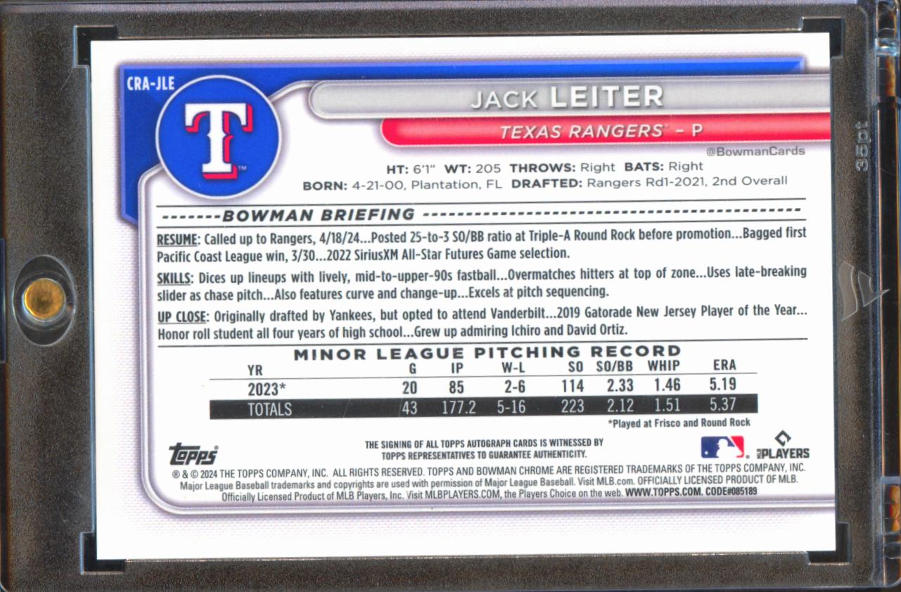 Jack Leiter 2024 Bowman Chrome Auto Autograph RC BLUE 74/150 Texas Rangers