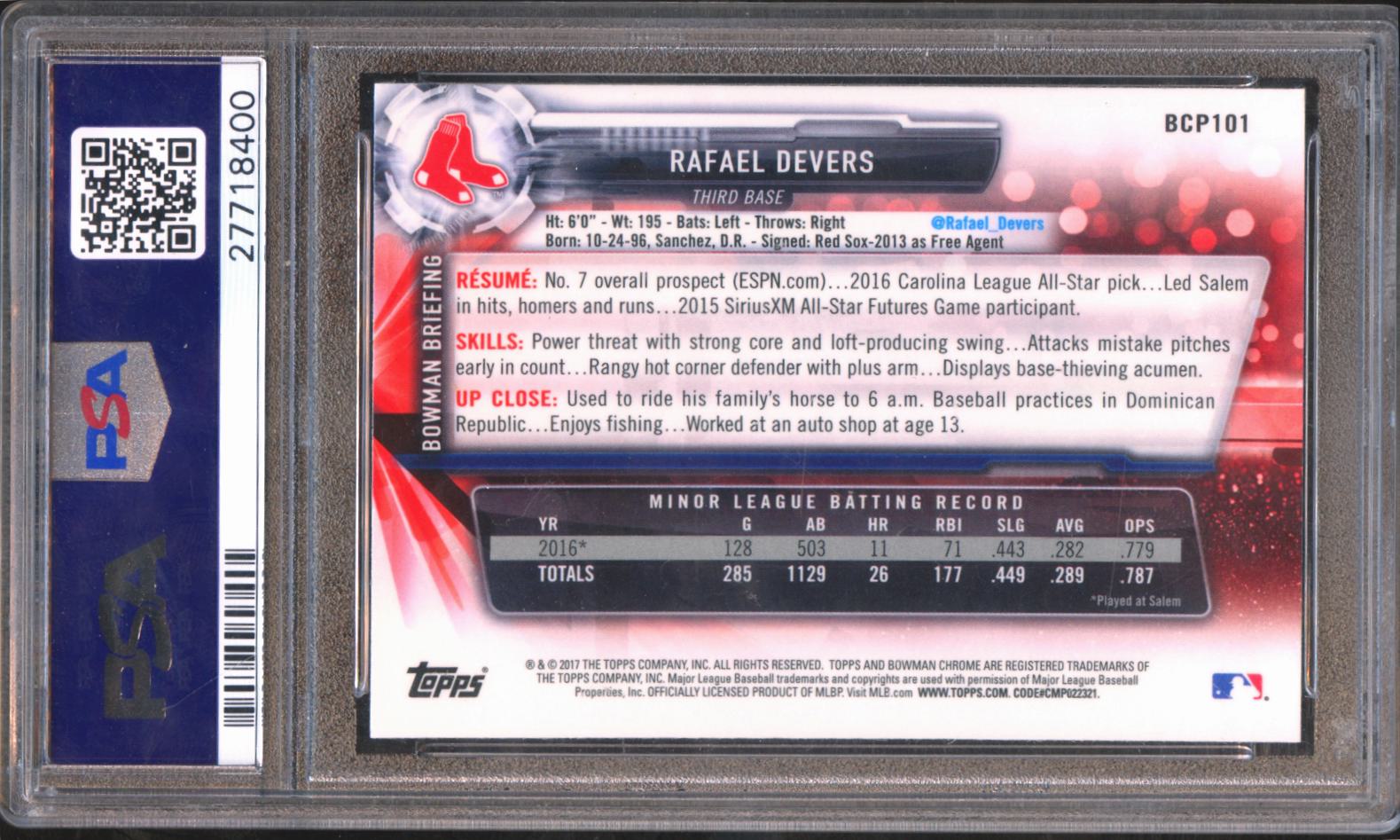 Rafael Devers 2017 Bowman Chrome Prospects Rookie RC Red Sox PSA 10