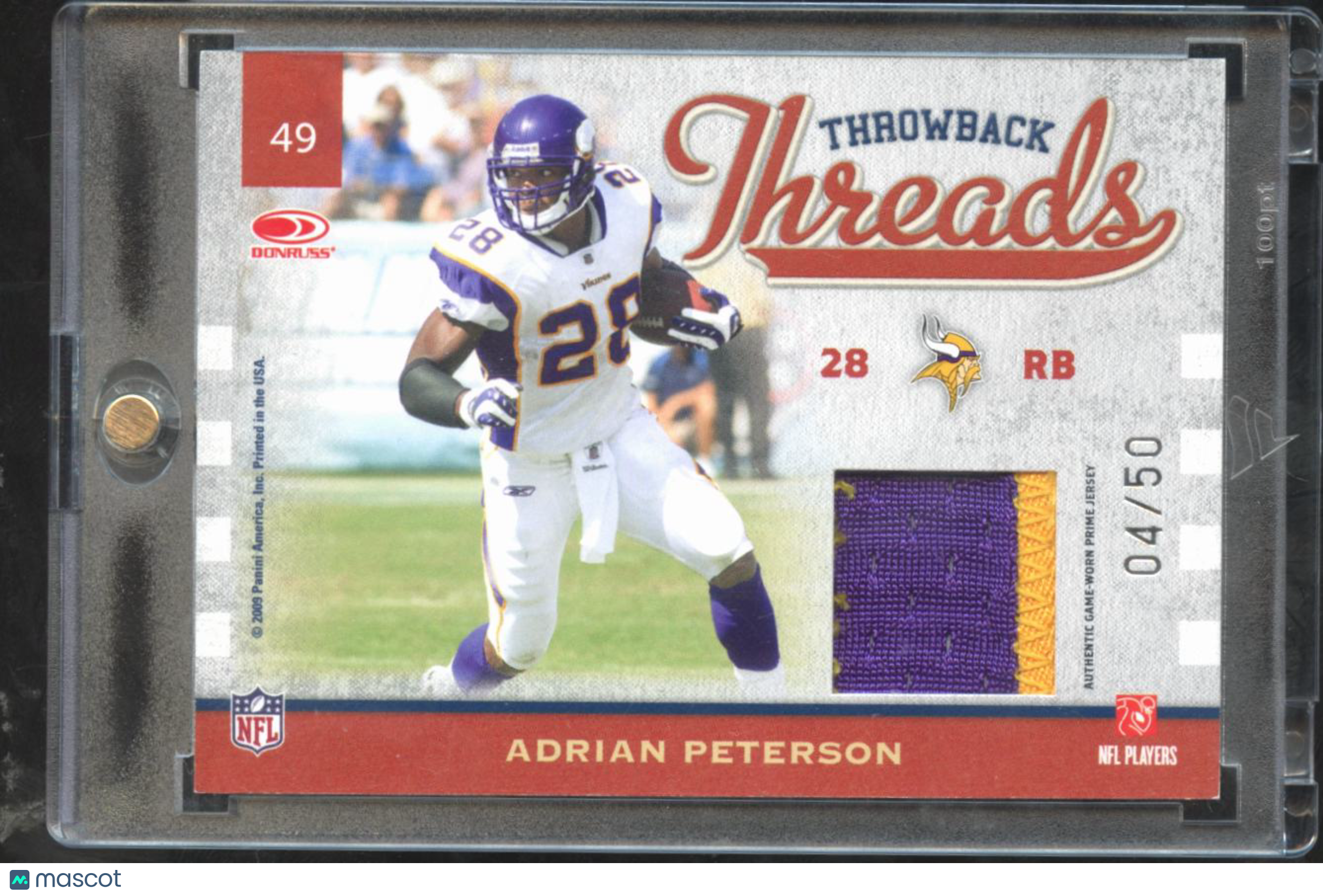 Adrian Peterson 2009 Donruss Throwback Game Worn Patch 4/50 Vikings Sooners