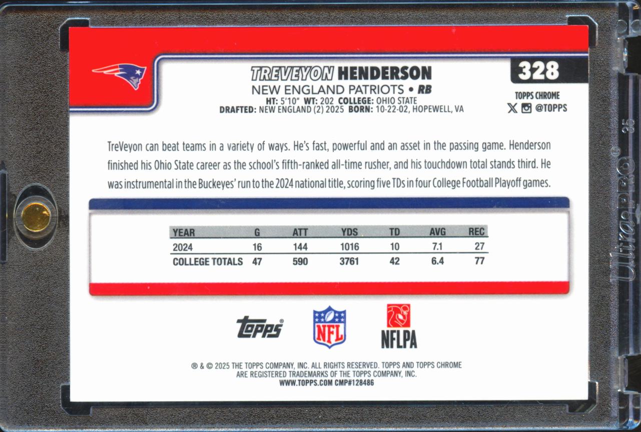 TreVeyon Henderson 2025 Topps Chrome Orange Refractor RC Variation /25 Patriots